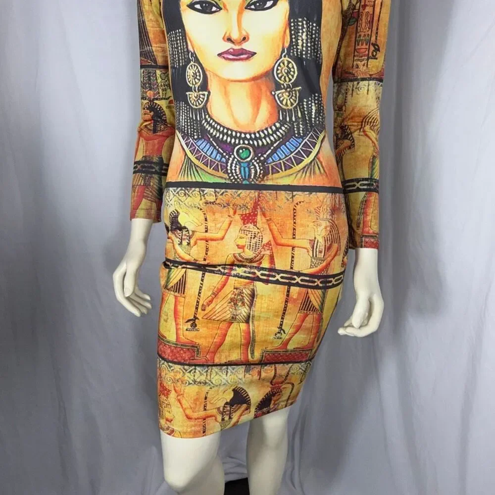 Cleopatra Egyptian Goddess Bodycon Dress | Good Time USA | Vintage Print Long Sl